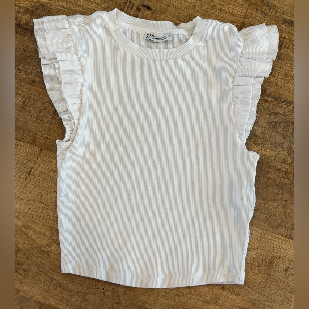 Zara White Ruffle Flutter Sleeve Ribbed Crop Top Women’s Size Medium